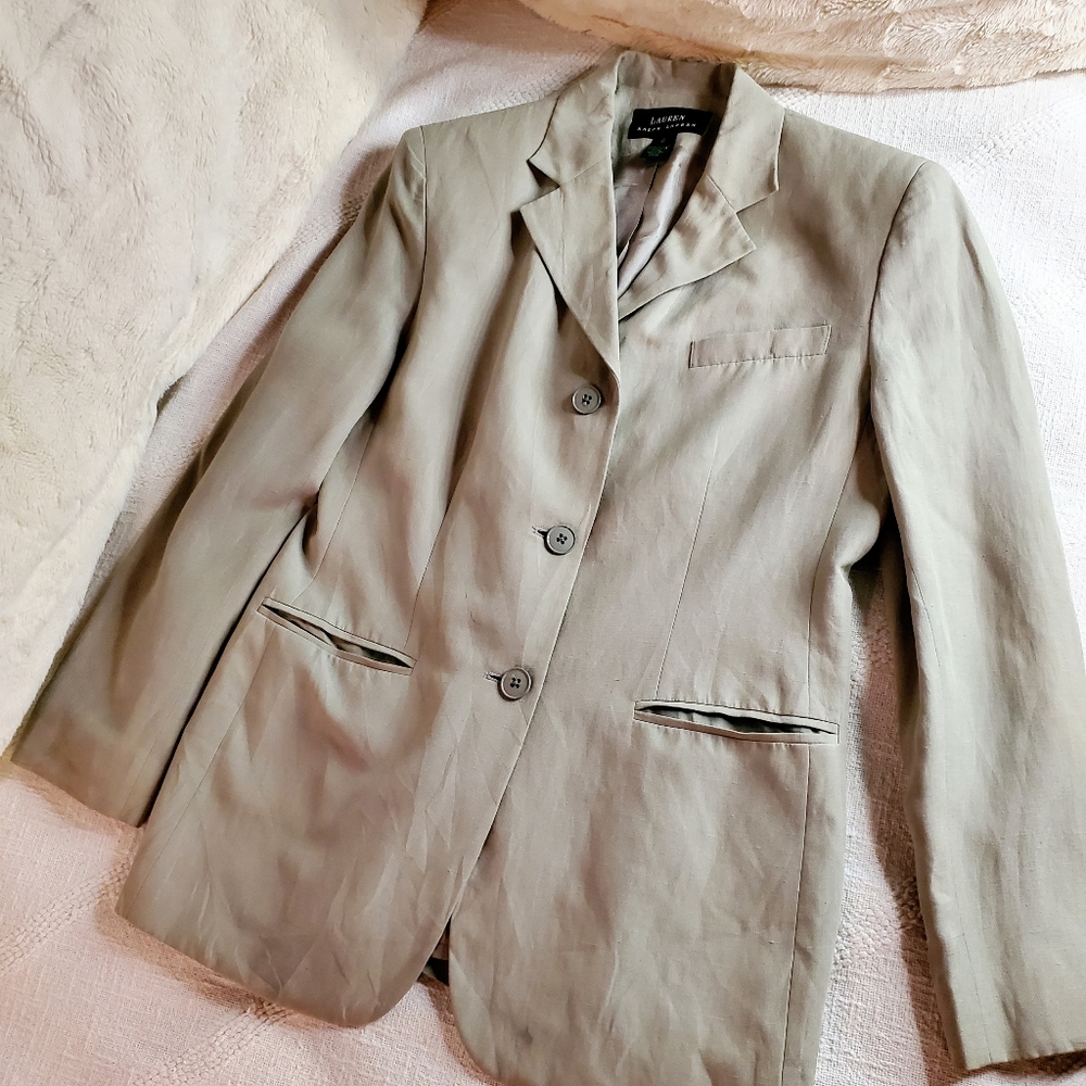LAUREN RALPH LAUREN/ Silk linen blazer khaki green sage green tan